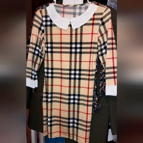Plaid Mini Dress, Bodycon Fit, Peter Pan Collar, And Sash Belt - Picture 2 of 4